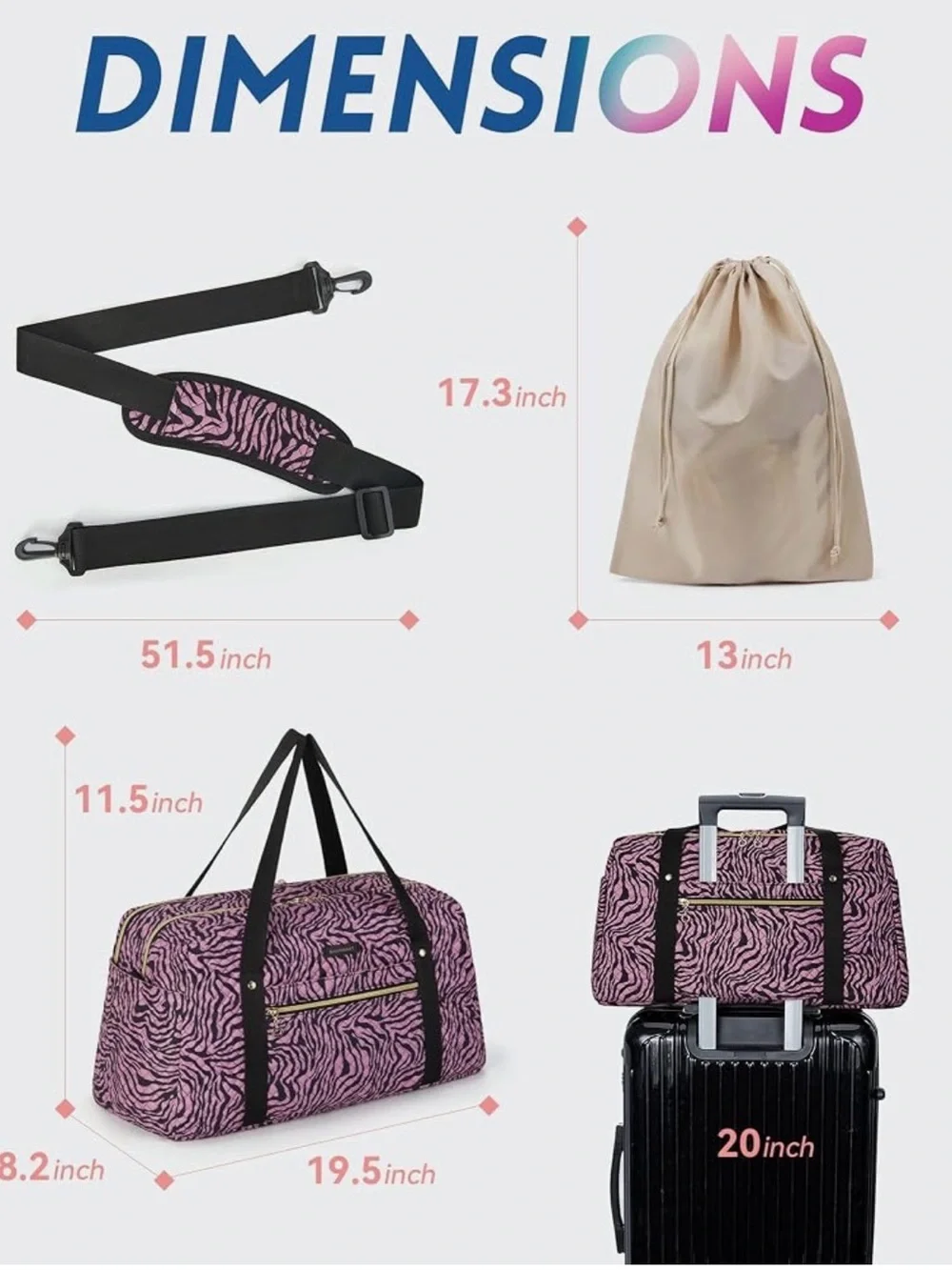 Pink Zebra-Print Travel Duffel Bag with Black Straps - Picture 6 of 7